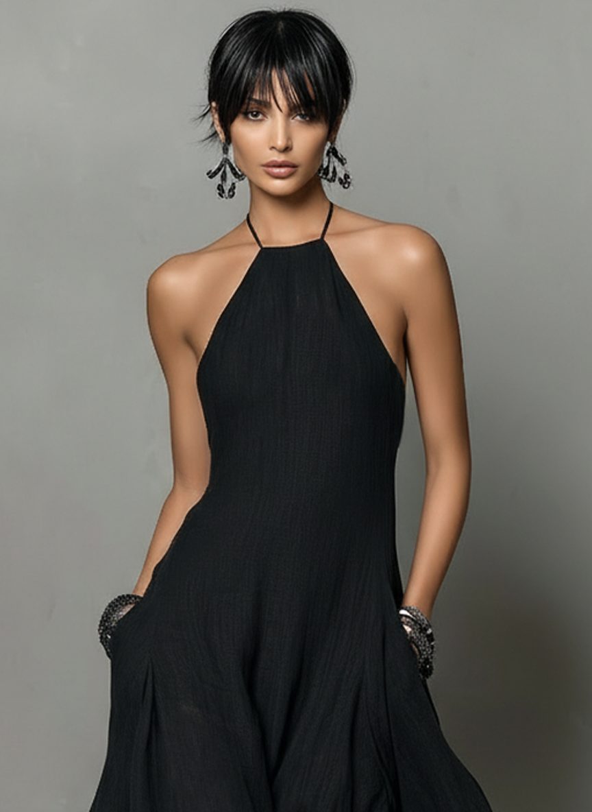 Halter Neck Sleeveless Linen Blend Maxi Dress for Women - View 2