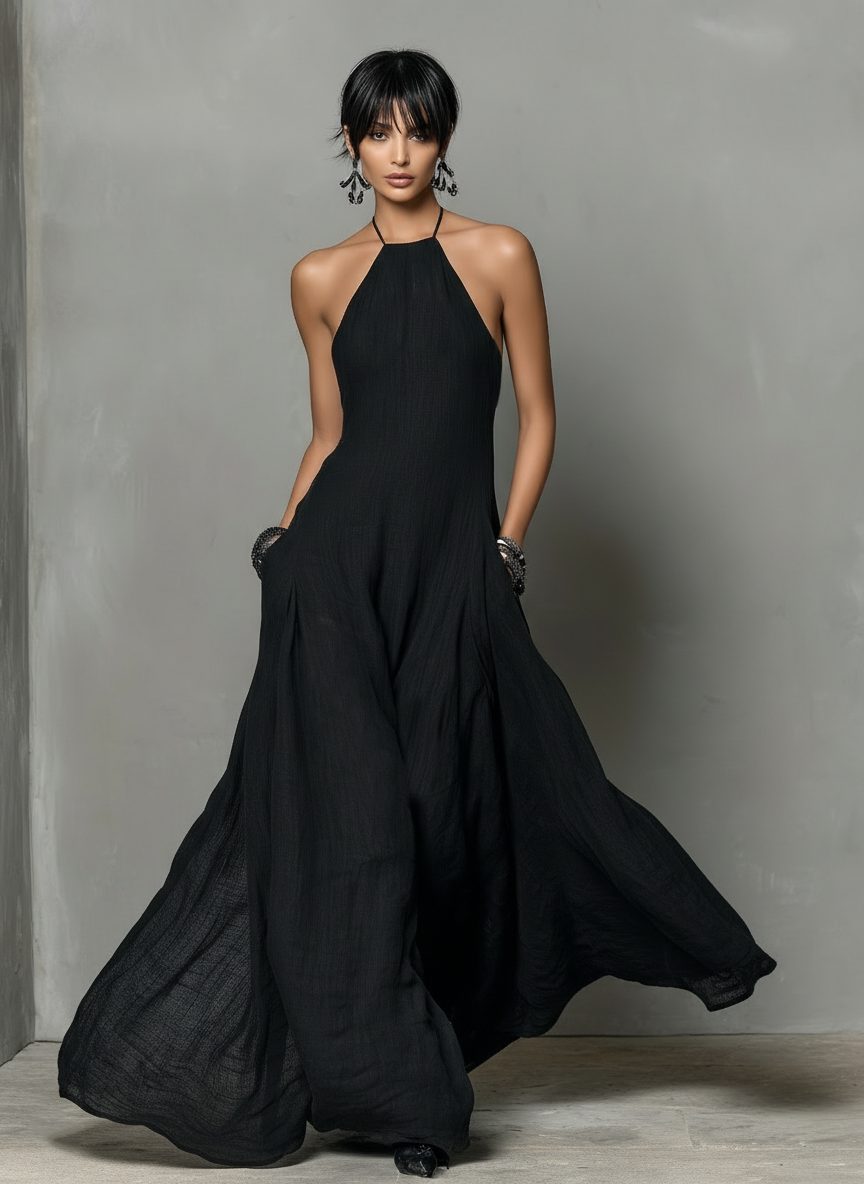 Halter Neck Sleeveless Linen Blend Maxi Dress for Women - View 4