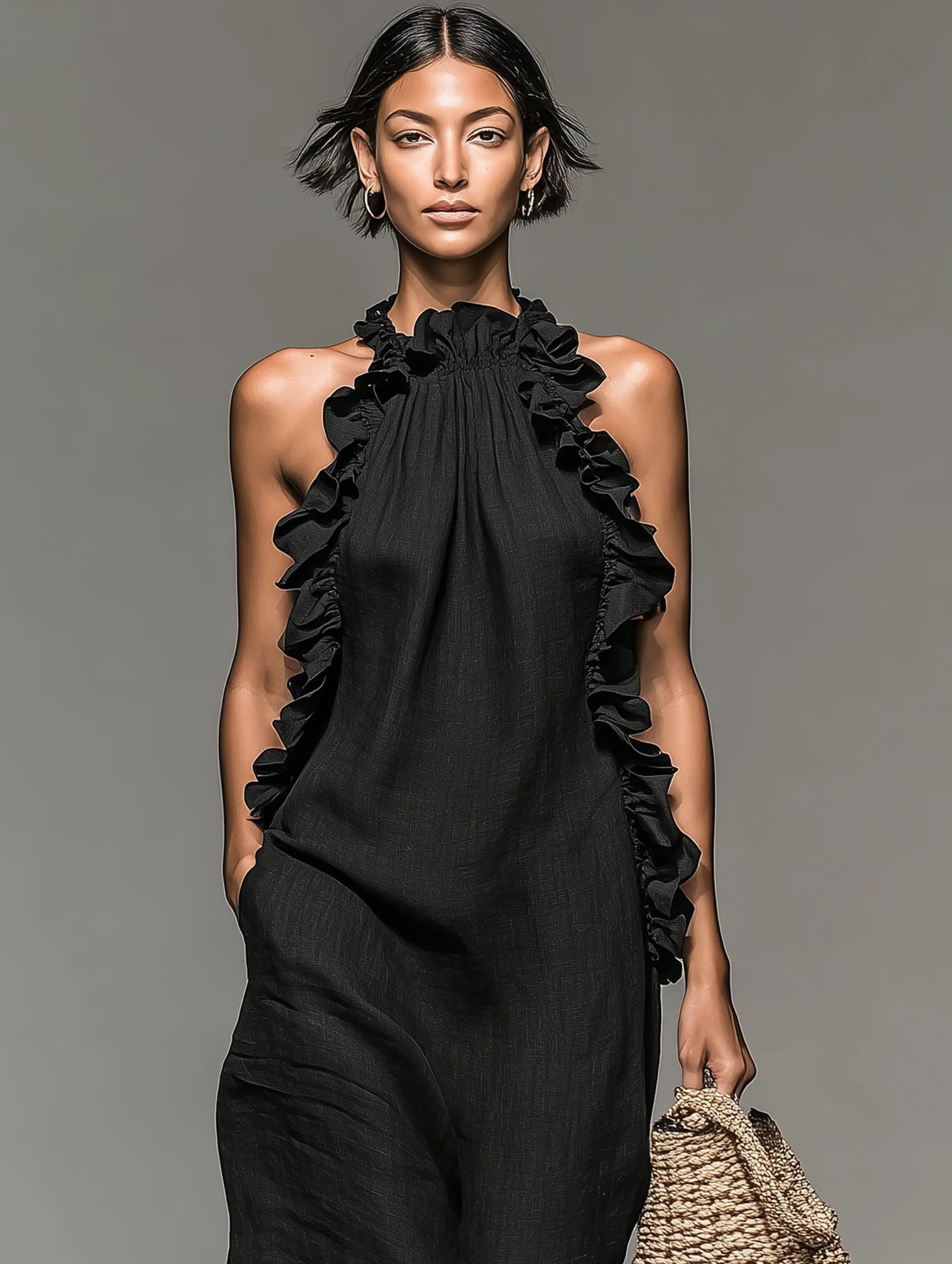 Halter Ruffle Linen Maxi Dress for Women - View 6