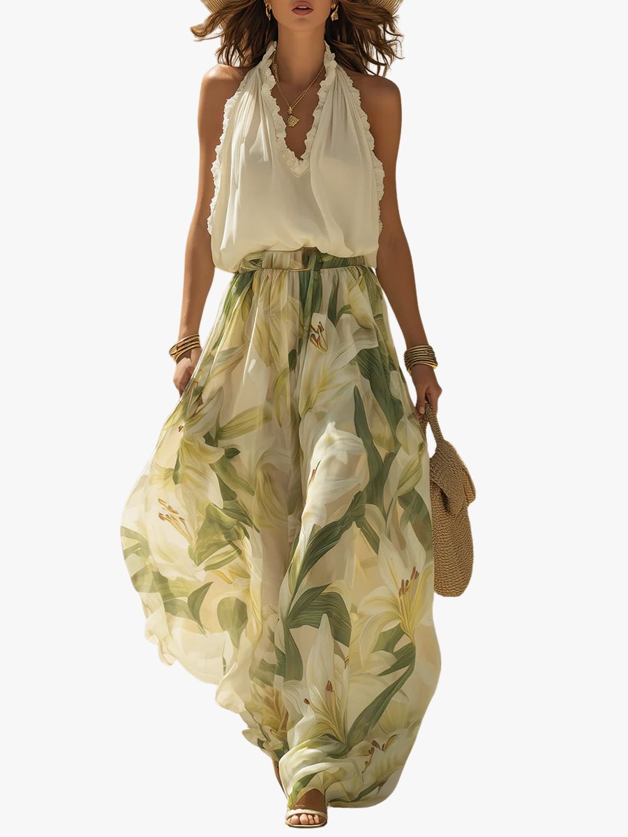 Halterneck Floral Maxi Dress Set for Women