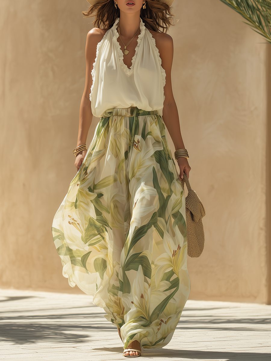 Halterneck Floral Maxi Dress Set for Women - Multicolore