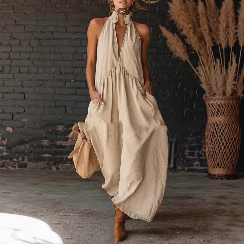 Halterneck Midi Dress with Front Pockets for Women