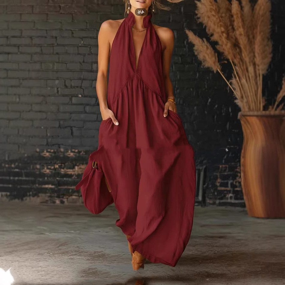 Halterneck Midi Dress with Front Pockets for Women - Rosso