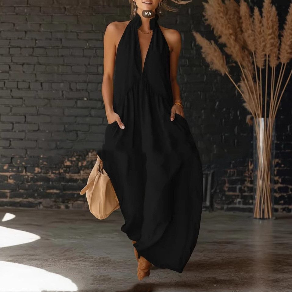 Halterneck Midi Dress with Front Pockets for Women - Nero