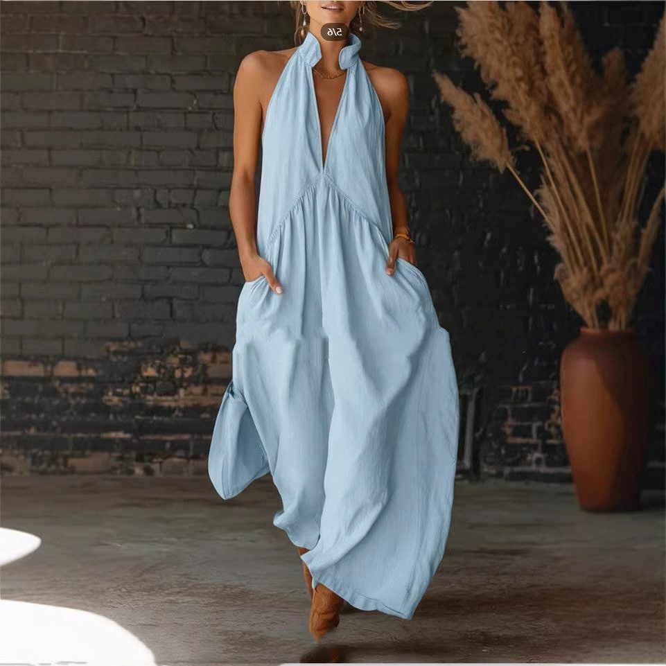 Halterneck Midi Dress with Front Pockets for Women - Blu chiaro