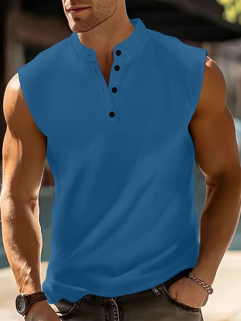 Henley Sleeveless Vest for Men - Blue