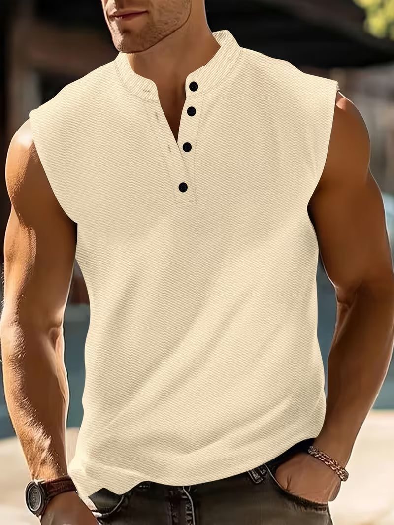 Henley Sleeveless Vest for Men - Beige