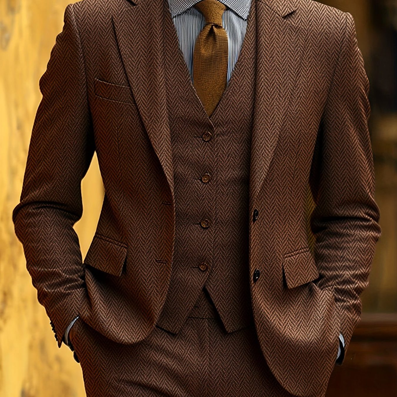 Herringbone Three-Piece Suit for Men - Coffee