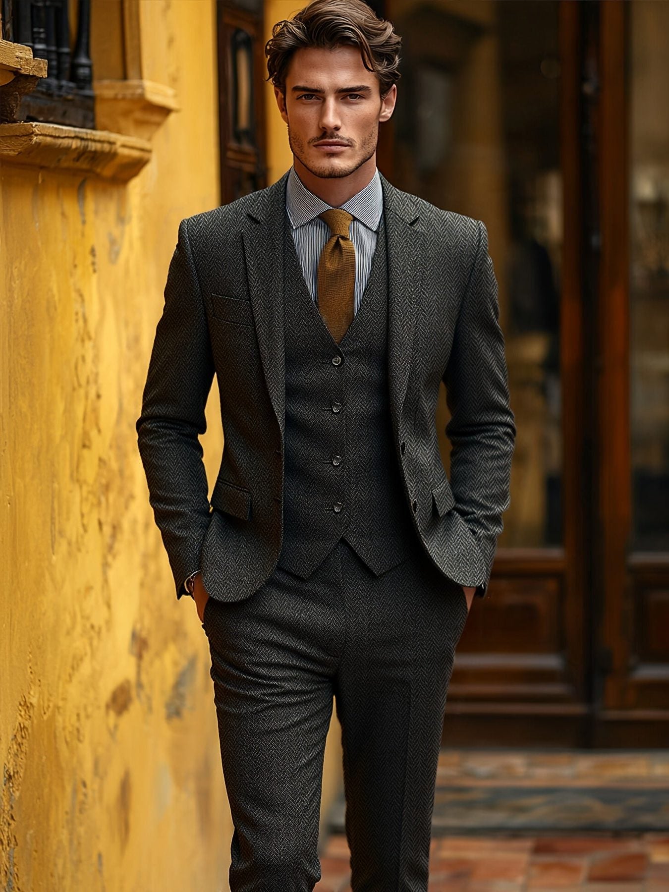 Herringbone Three-Piece Suit for Men - View 9