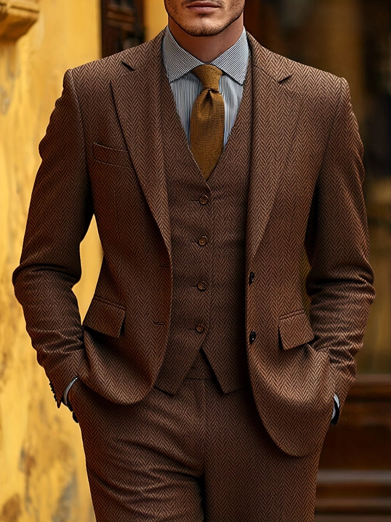Herringbone Three-Piece Suit for Men