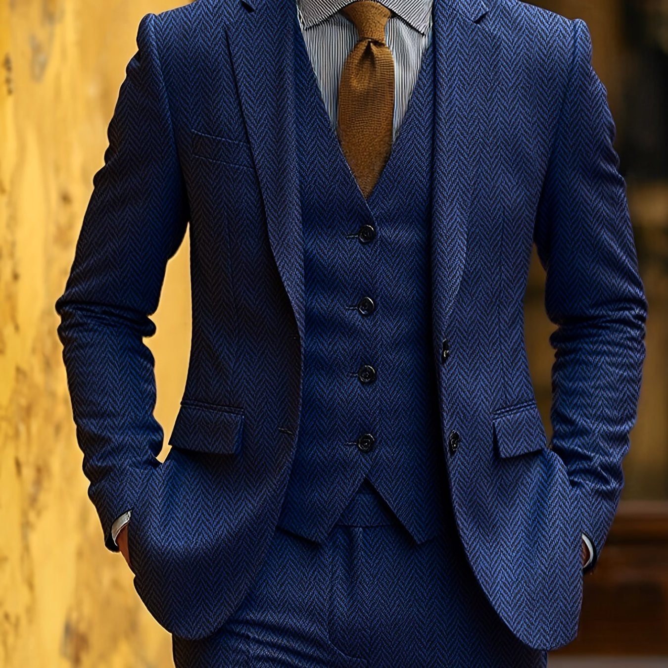 Herringbone Three-Piece Suit for Men - Navy Blue