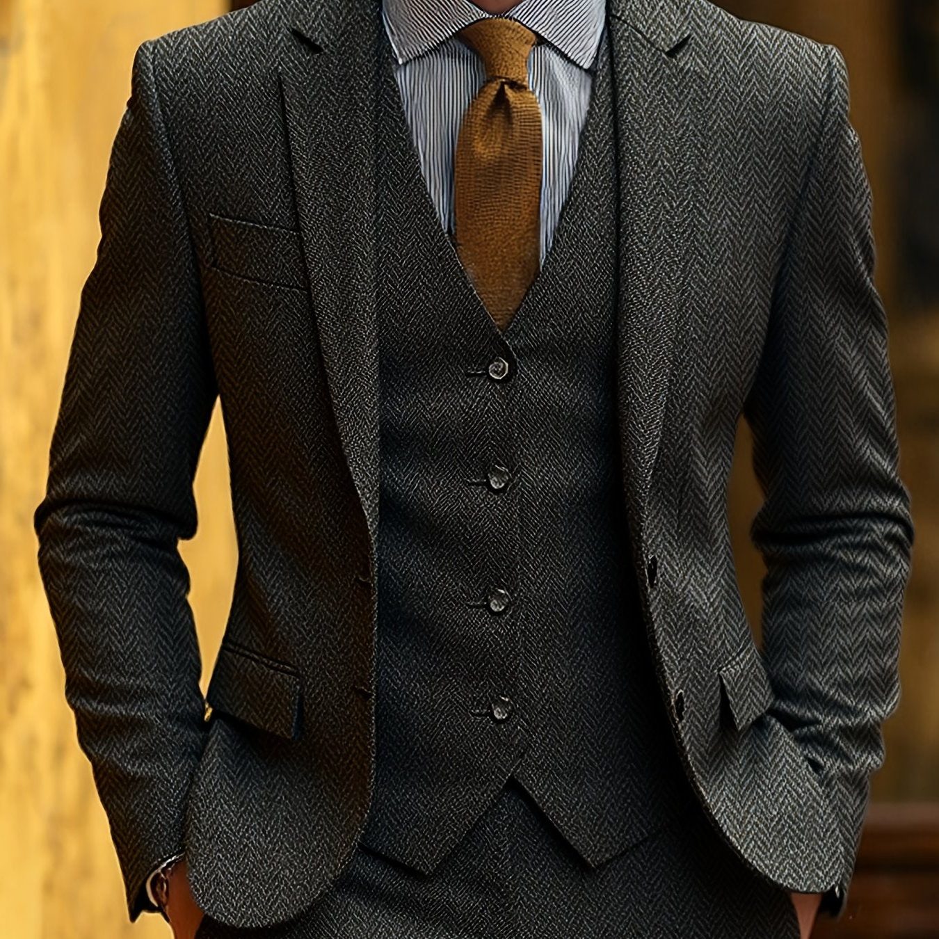 Herringbone Three-Piece Suit for Men - Grey
