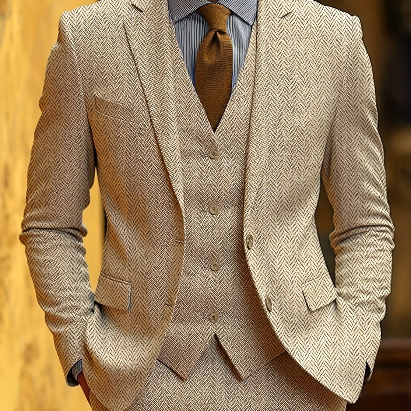 Herringbone Three-Piece Suit for Men - Beige