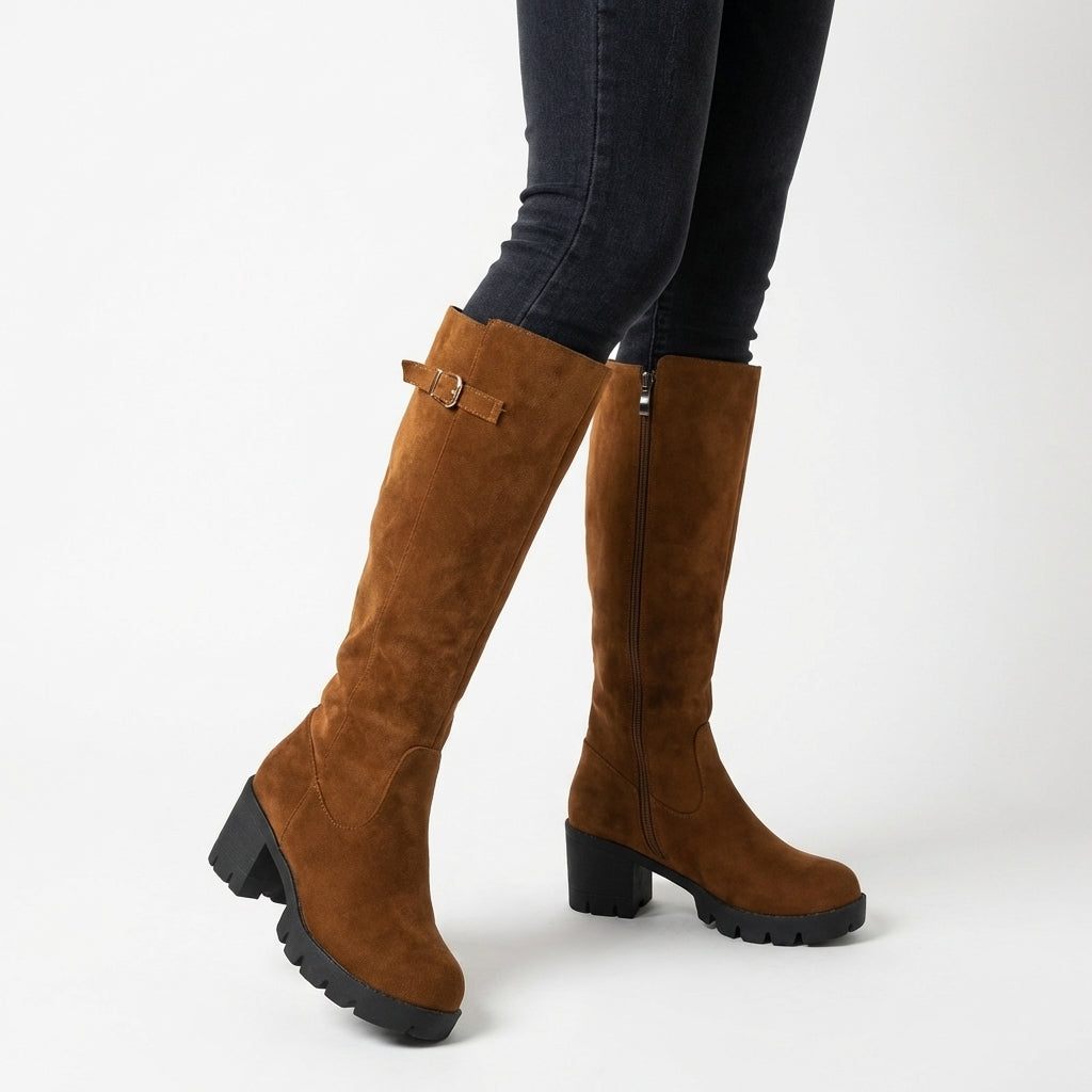 Chunky Lug Sole Knee-High Suede Boots for Women