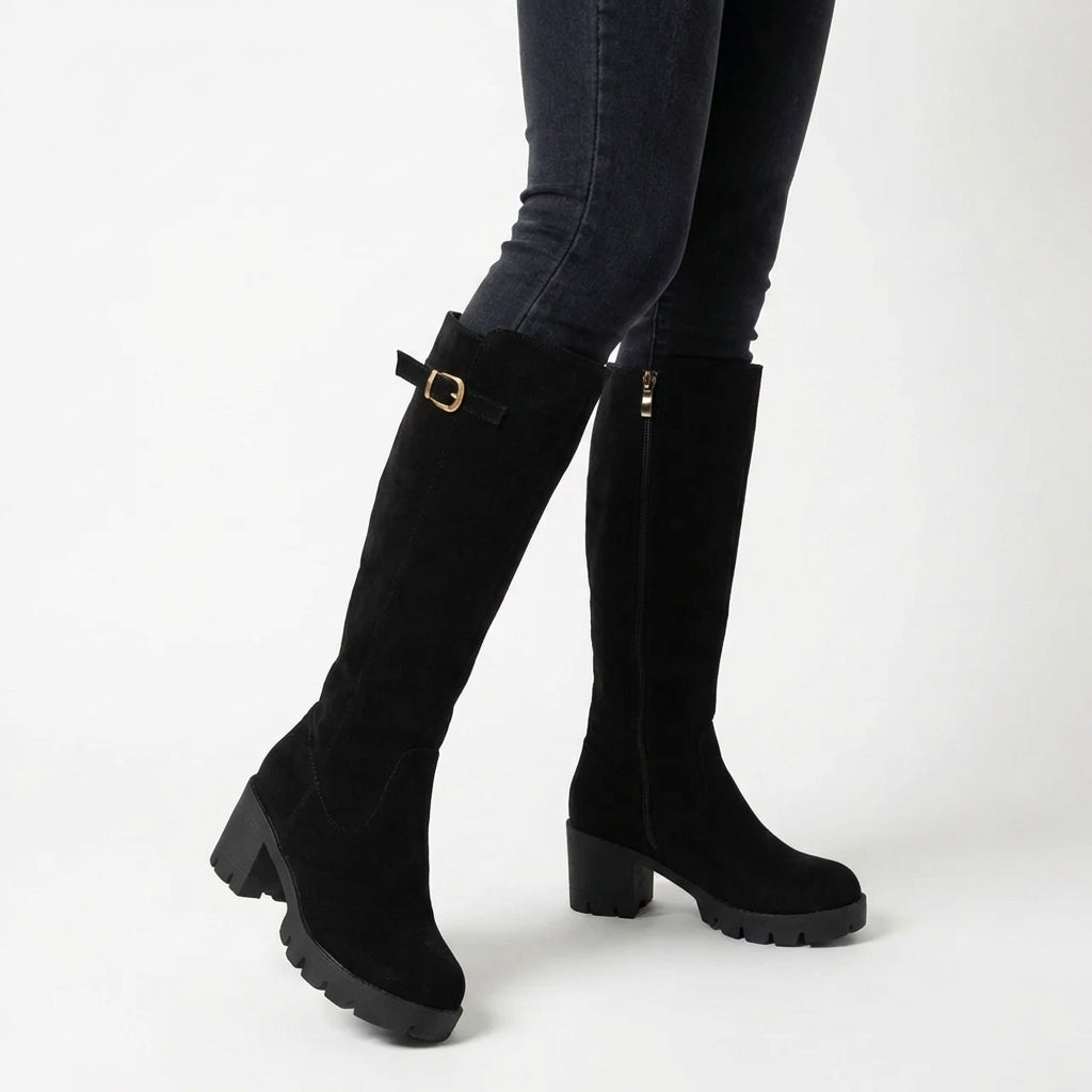 Chunky Lug Sole Knee-High Suede Boots for Women - Black
