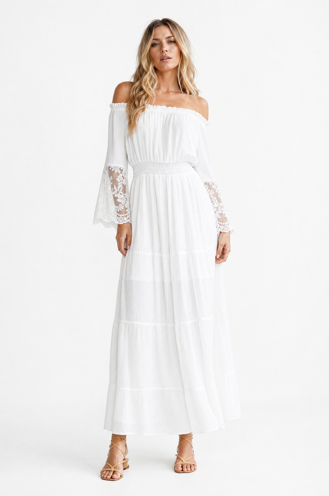 Off-Shoulder Lace Sleeve Maxi Ibiza Dress for Women