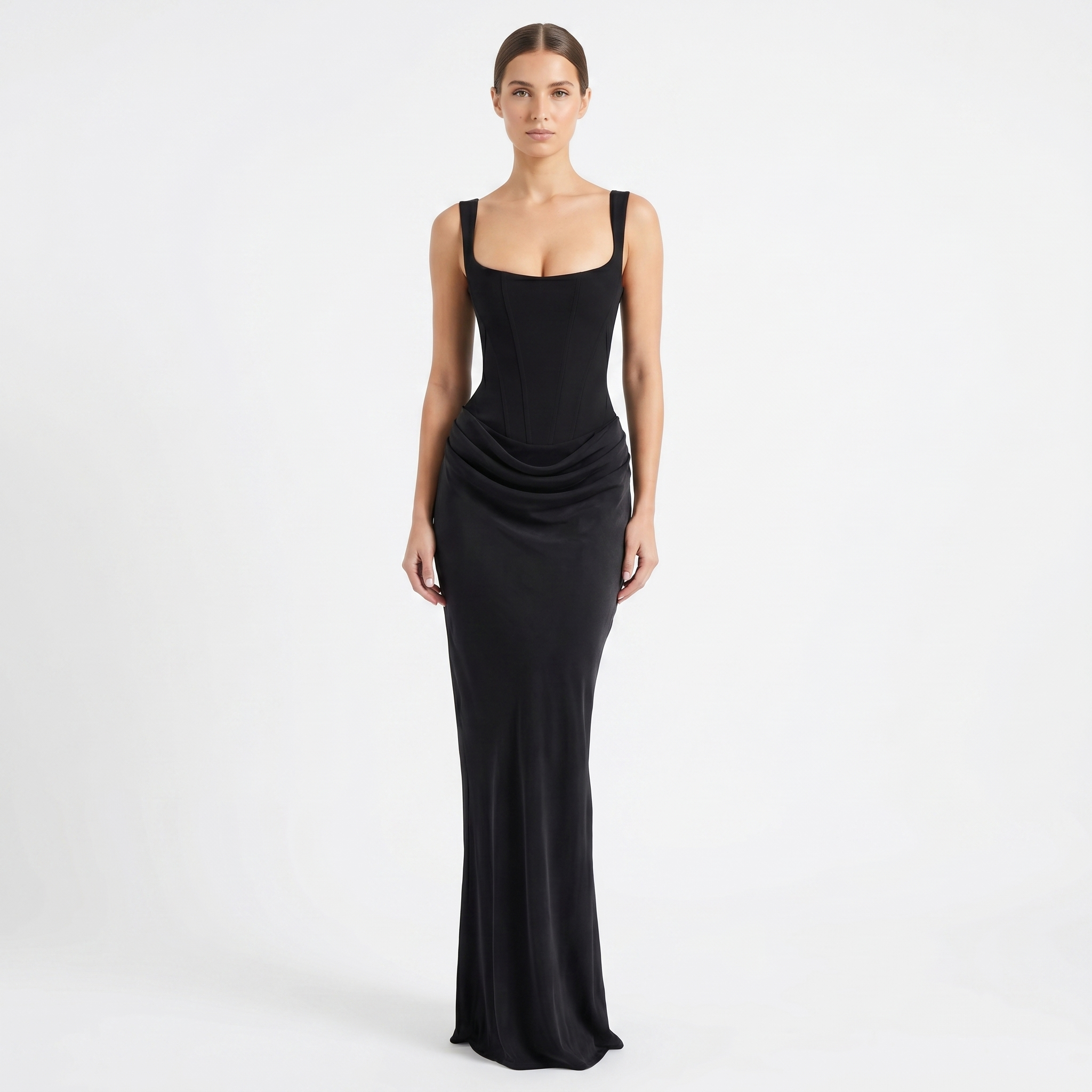 Scoop Neck Sleeveless Ruched Maxi Dress for Women - Black