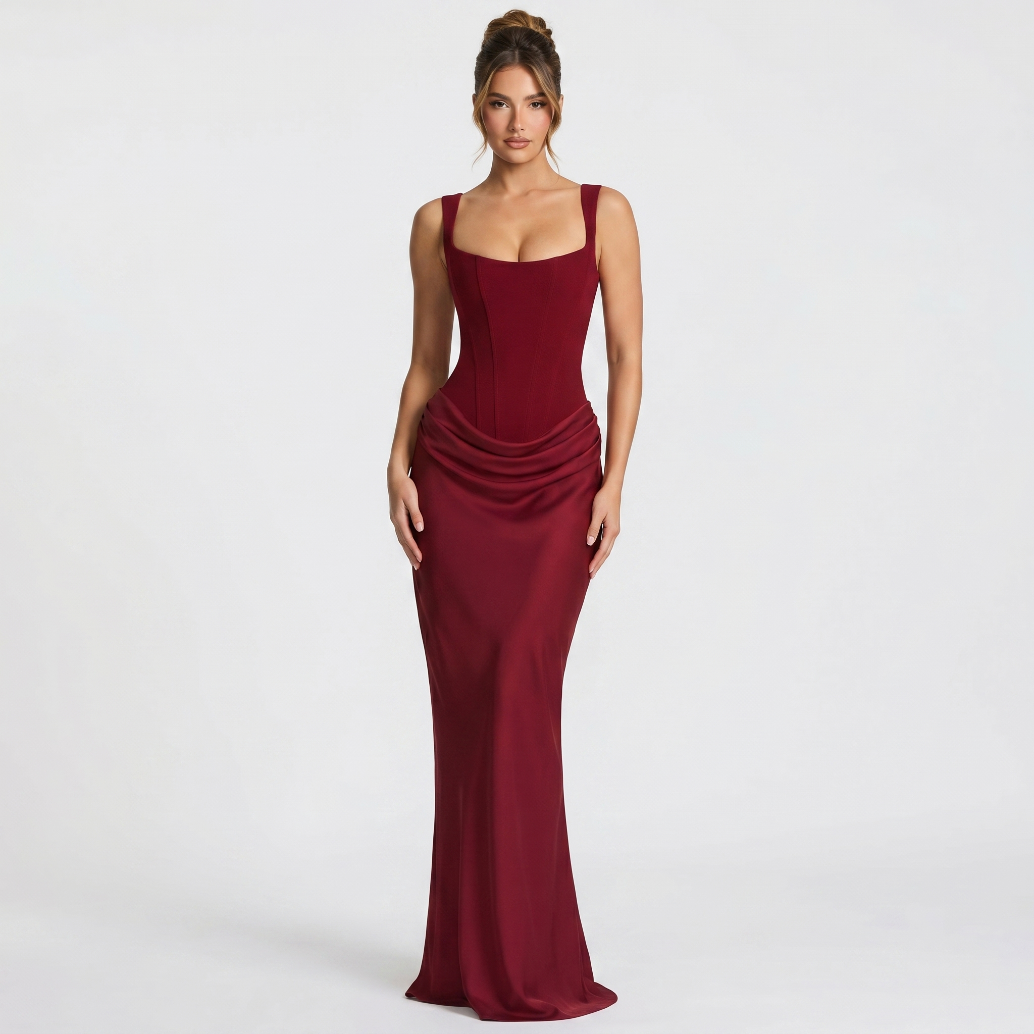 Sleeveless Corset Mermaid Maxi Gown for Women - Wine Red