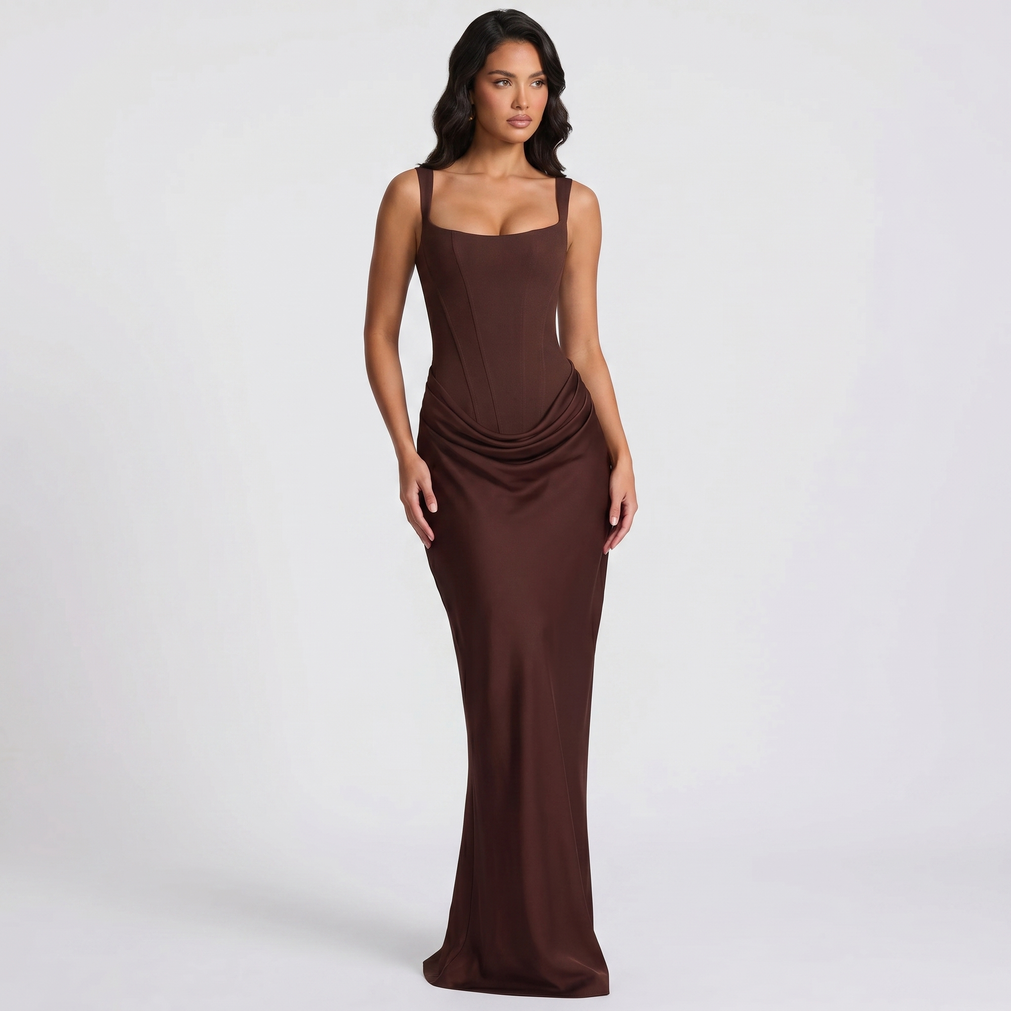 Sleeveless Corset Mermaid Maxi Gown for Women - Brown