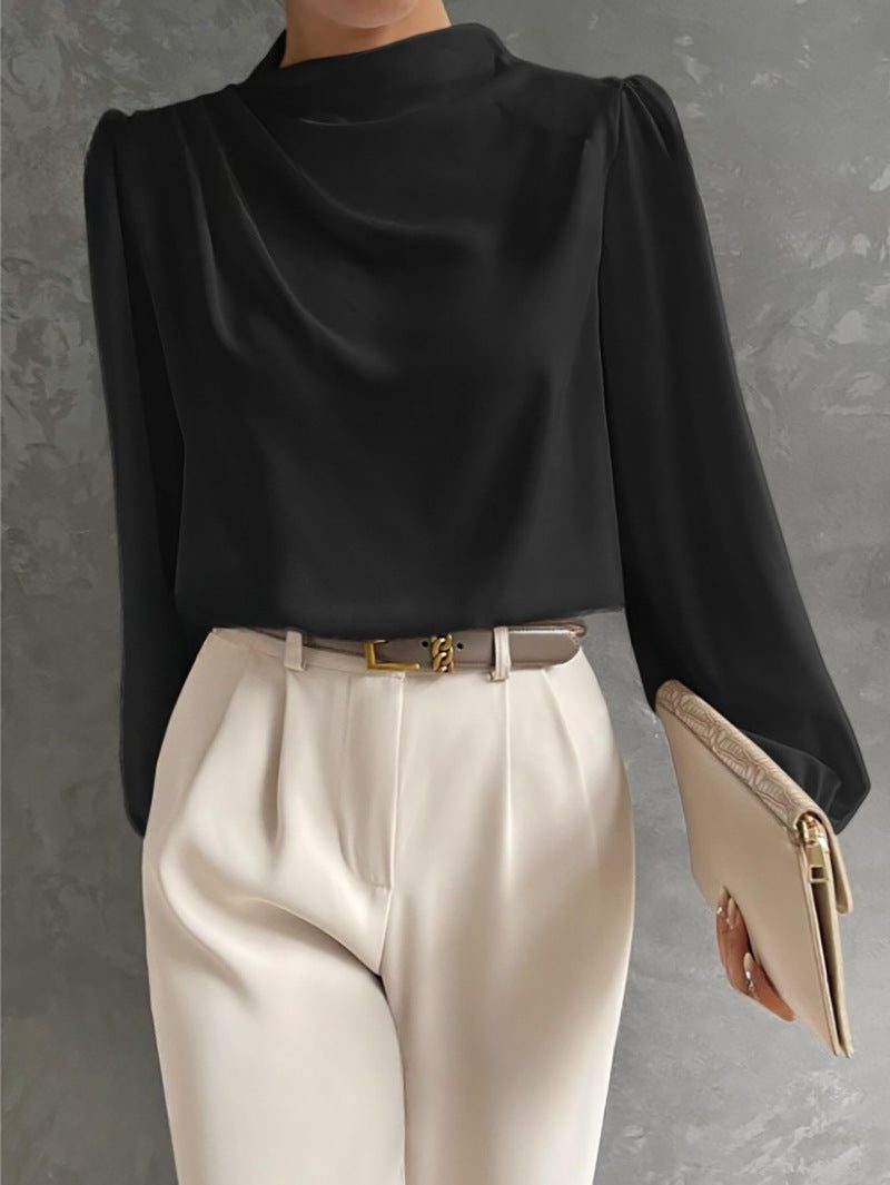 High Neck Long Sleeve Blouse for Women - Black