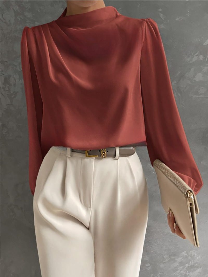 High Neck Long Sleeve Blouse for Women - Coral