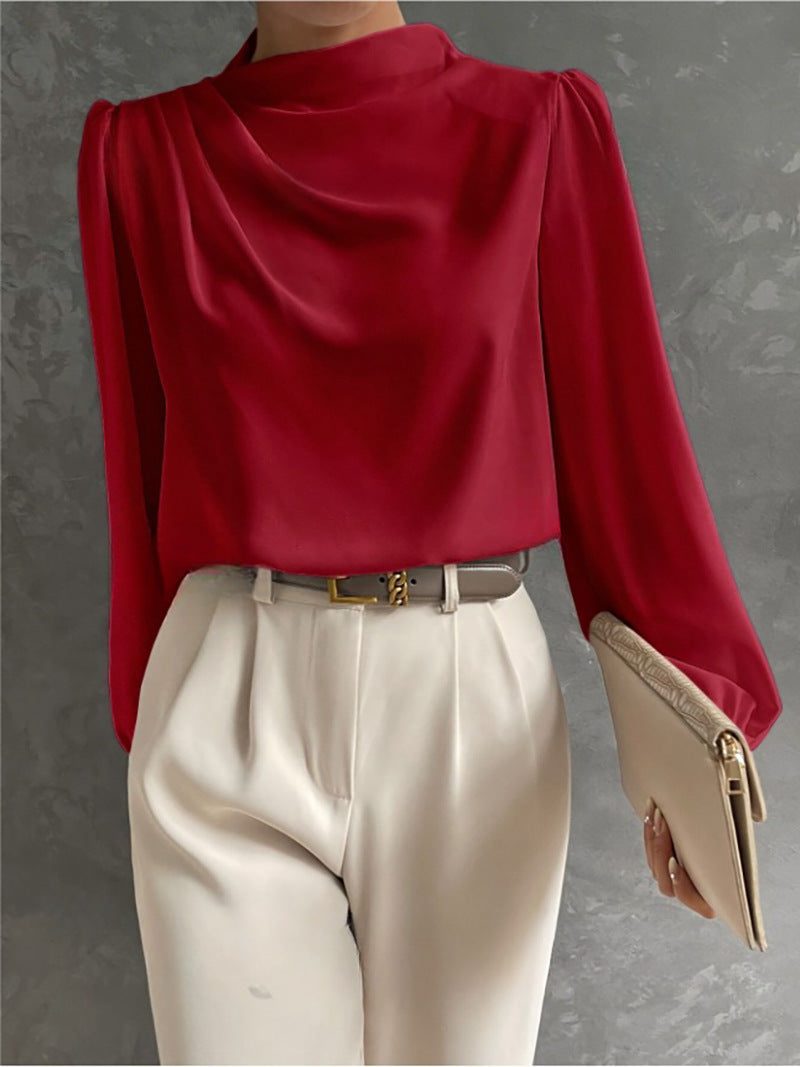 High Neck Long Sleeve Blouse for Women - Red