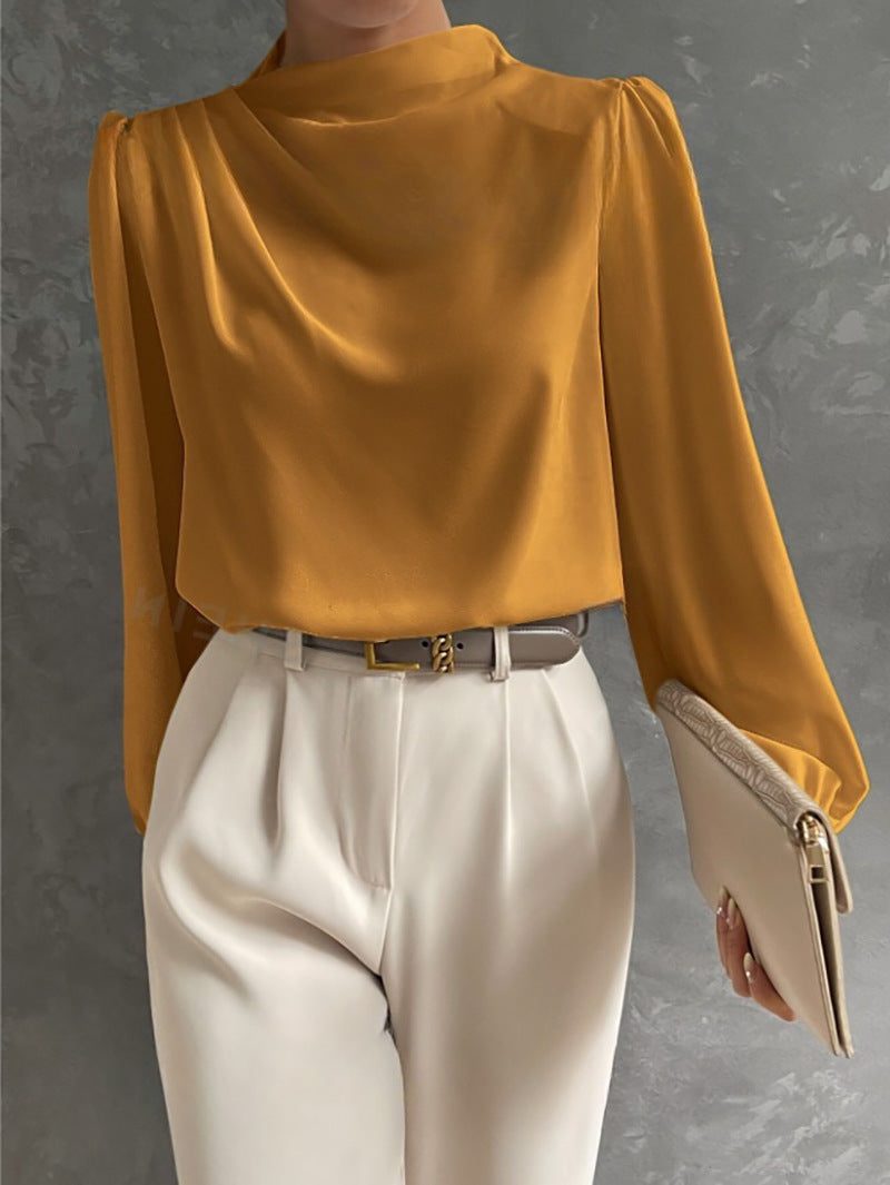 High Neck Long Sleeve Blouse for Women - Yellow