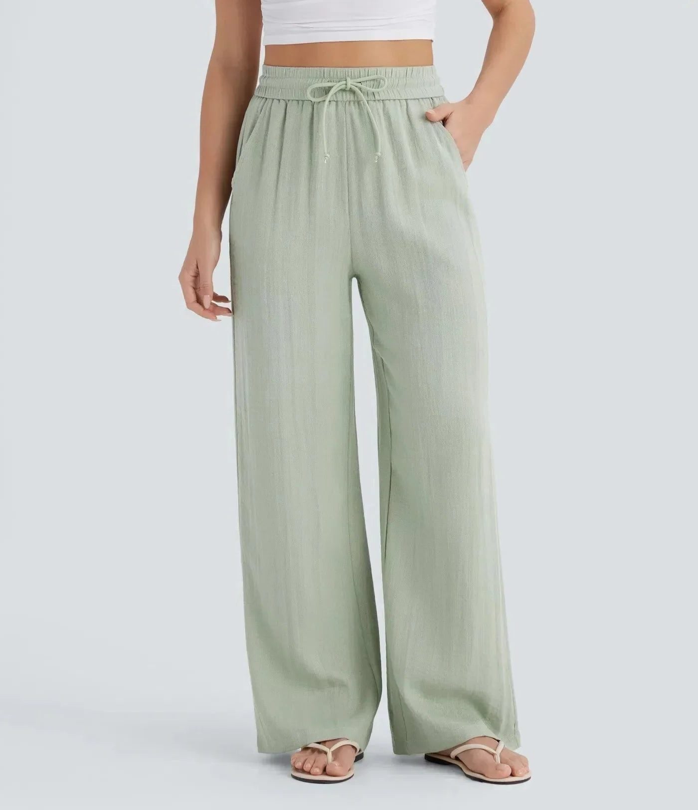 High-Rise Wide Leg Linen Trousers for Women - Light Green