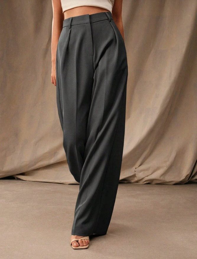High Waist Wide Leg Tailored Trousers for Women - Dark Grey