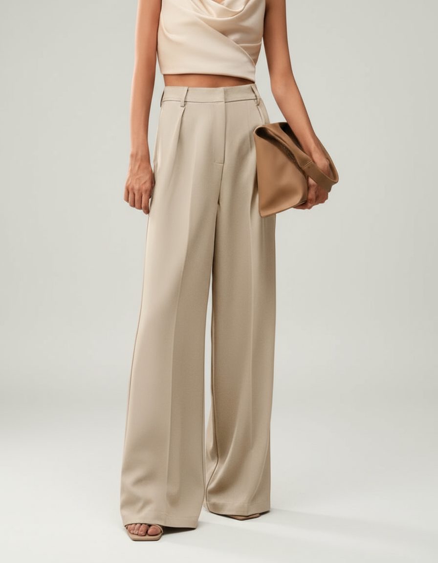 High Waist Wide Leg Tailored Trousers for Women - Beige