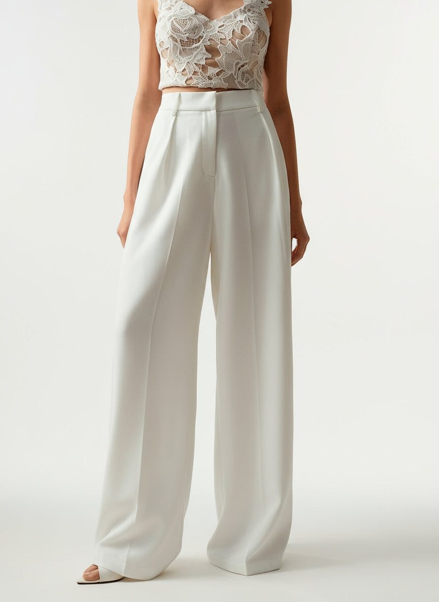 High Waist Wide Leg Tailored Trousers for Women - White