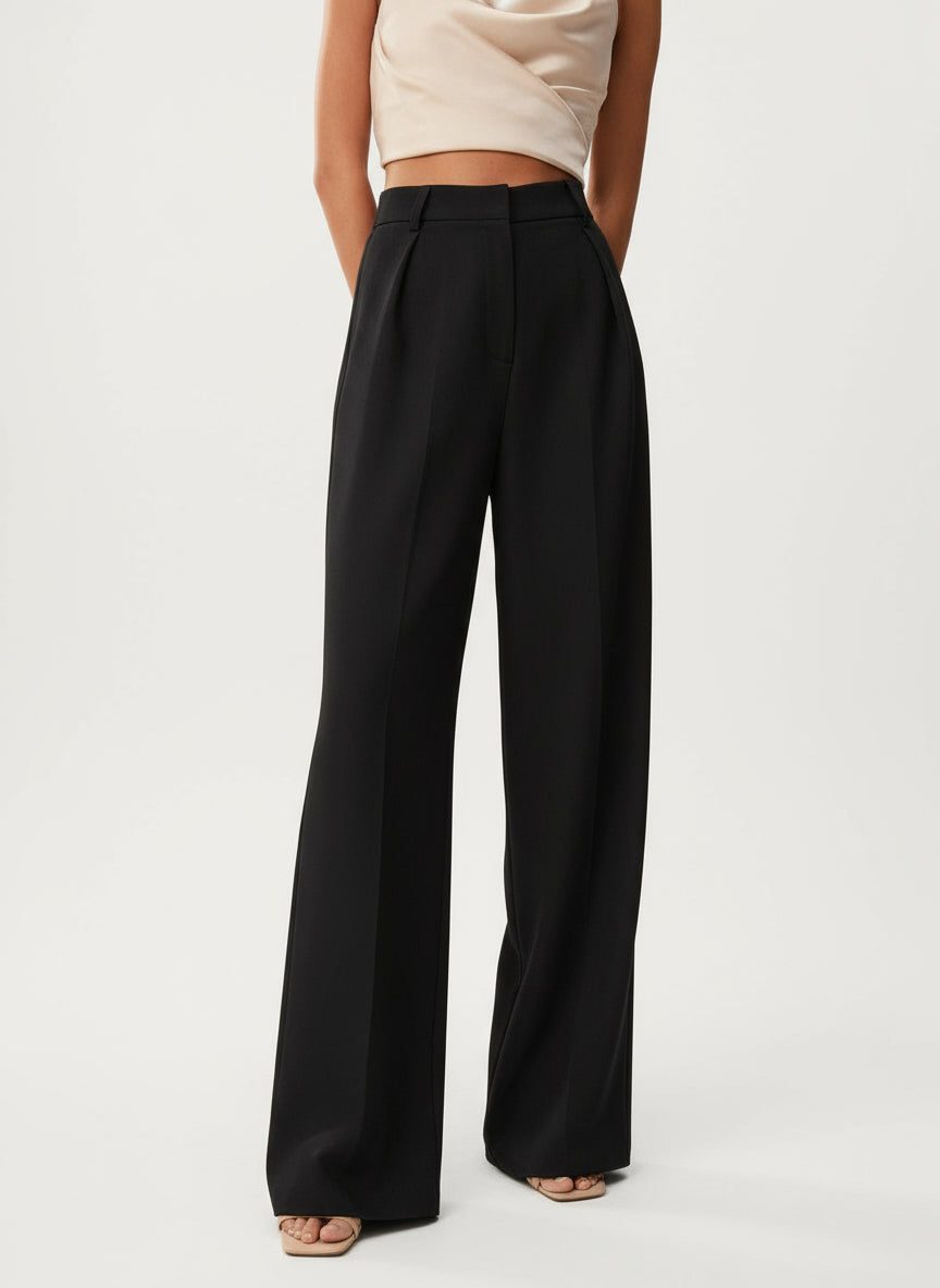 High Waist Wide Leg Tailored Trousers for Women - Black