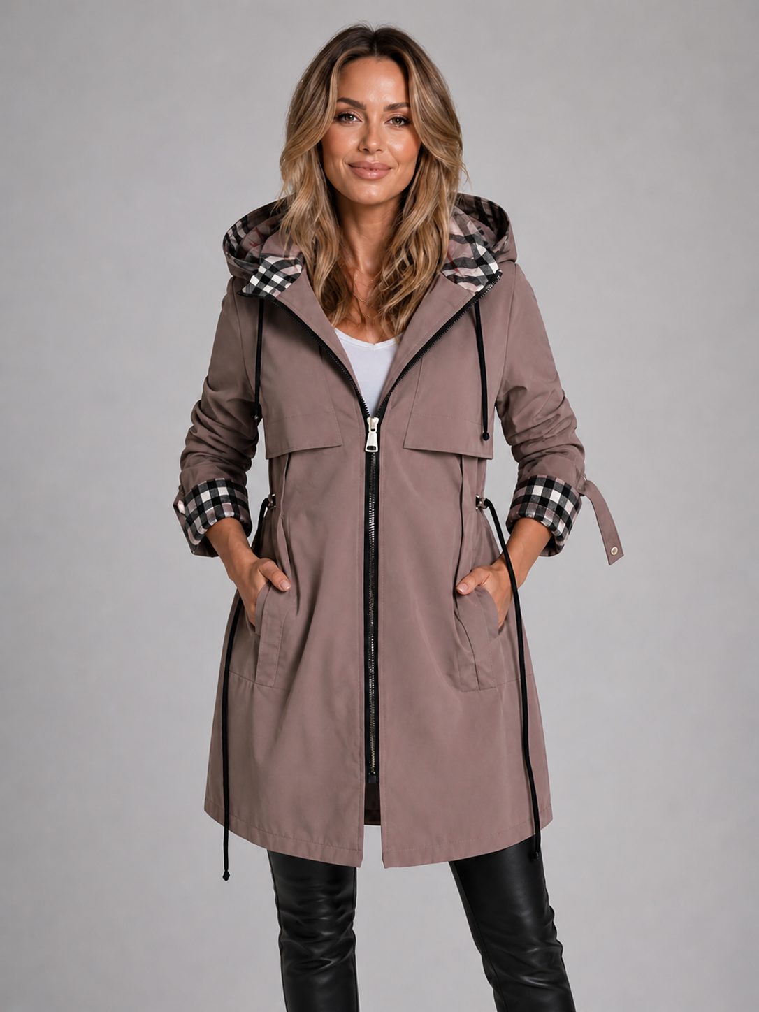 Hooded Long Parka Coat with Adjustable Waist for Women