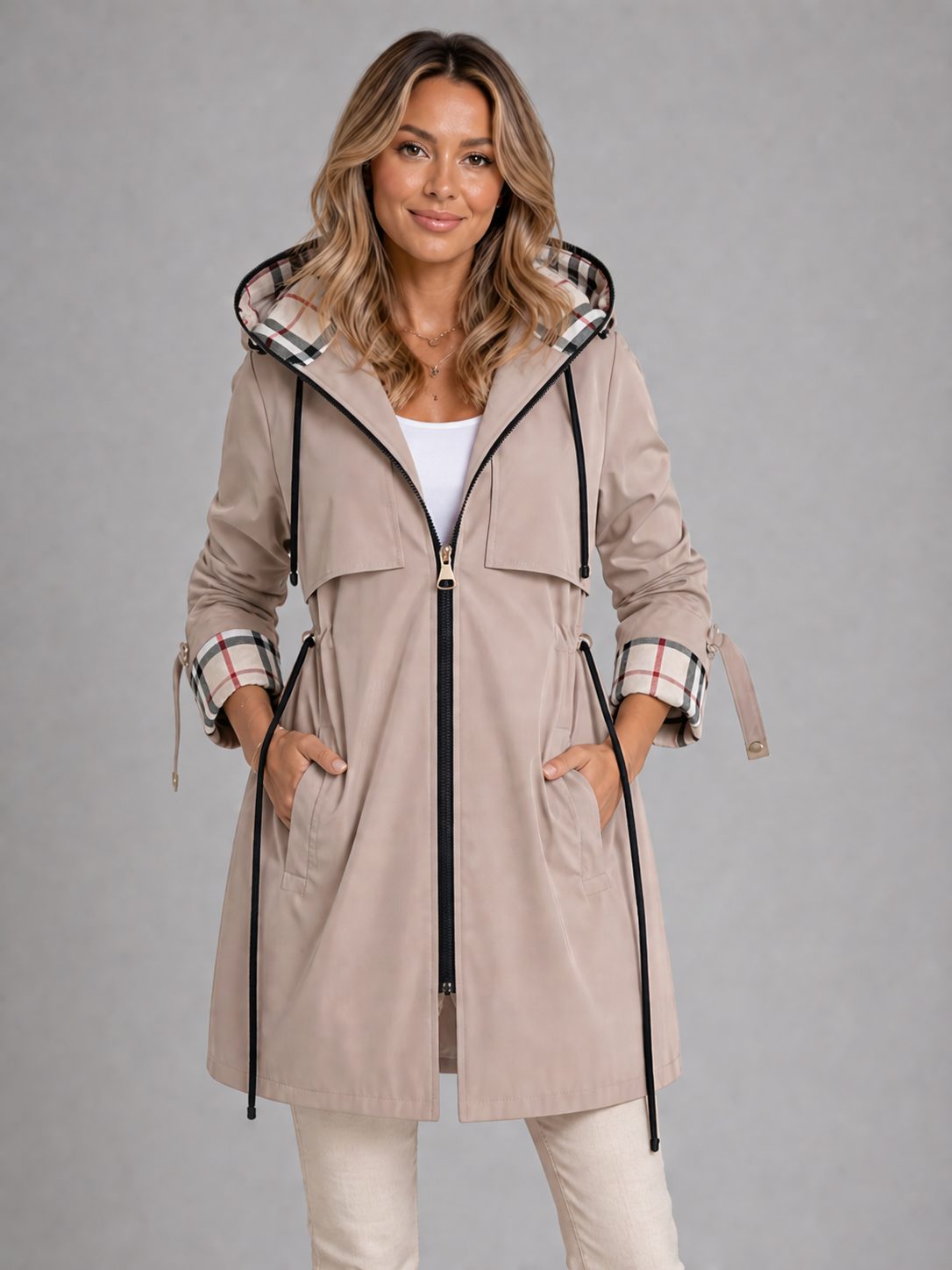 Hooded Long Parka Coat with Adjustable Waist for Women - Khaki