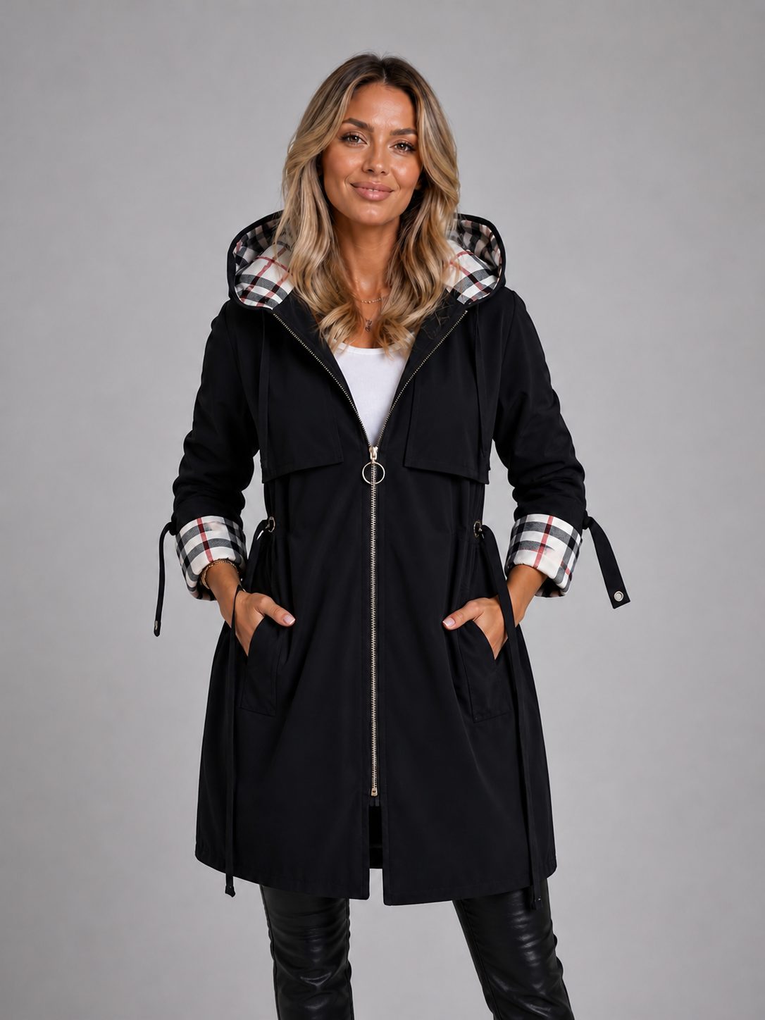 Hooded Long Parka Coat with Adjustable Waist for Women - Black