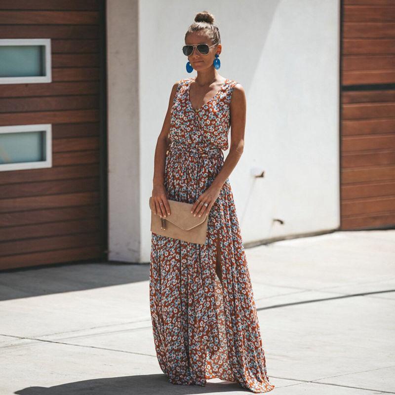 Sleeveless V-Neck Floral Ibiza Dress Maxi for Women