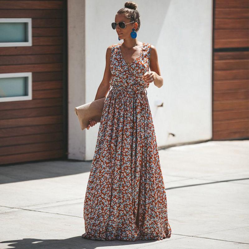 Sleeveless V-Neck Floral Ibiza Dress Maxi for Women