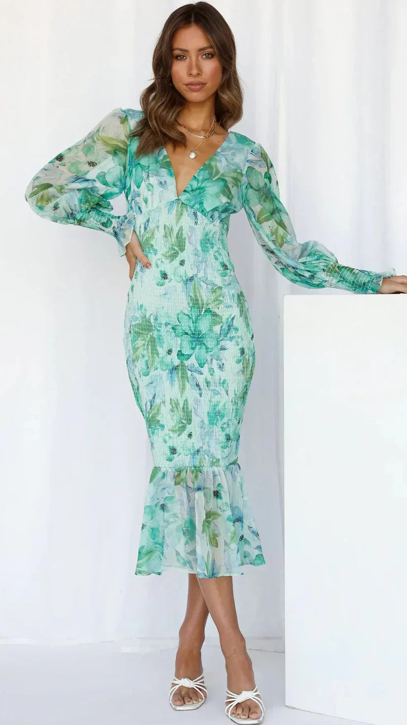 Floral Wrap V-Neck Midi Dress Wedding Guest for Women