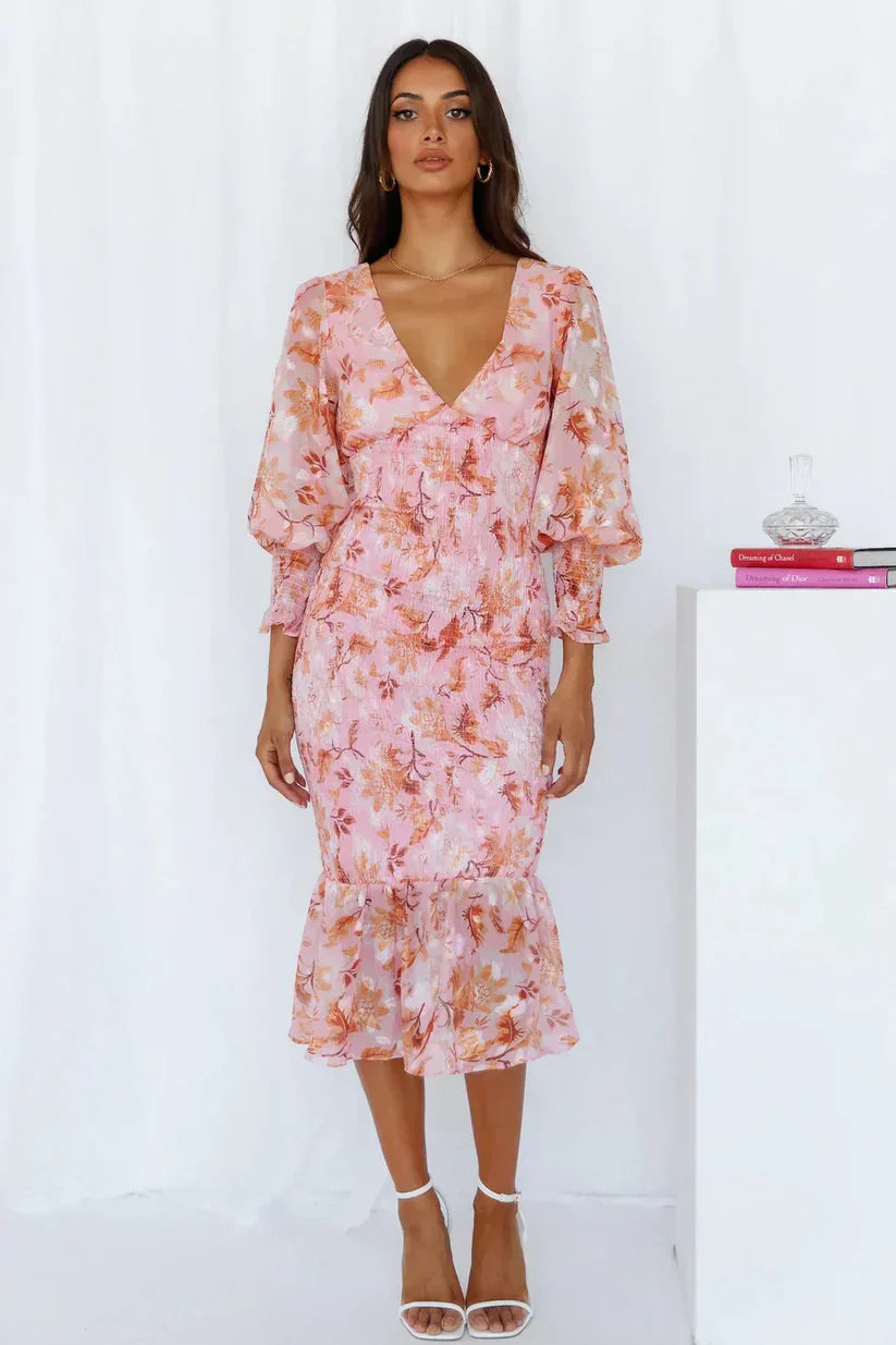 Floral Wrap V-Neck Midi Dress Wedding Guest for Women