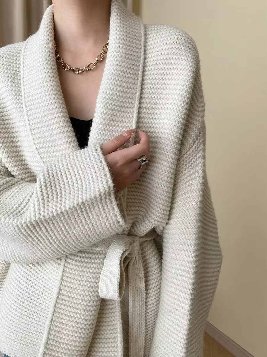 Belted Knit Cardigan with Shawl Collar for Women