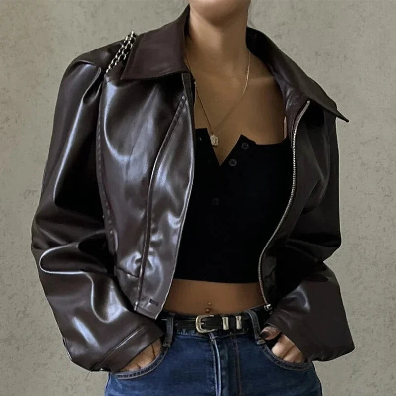 Cropped Faux Leather Jacket with Oversized Sleeves for Women