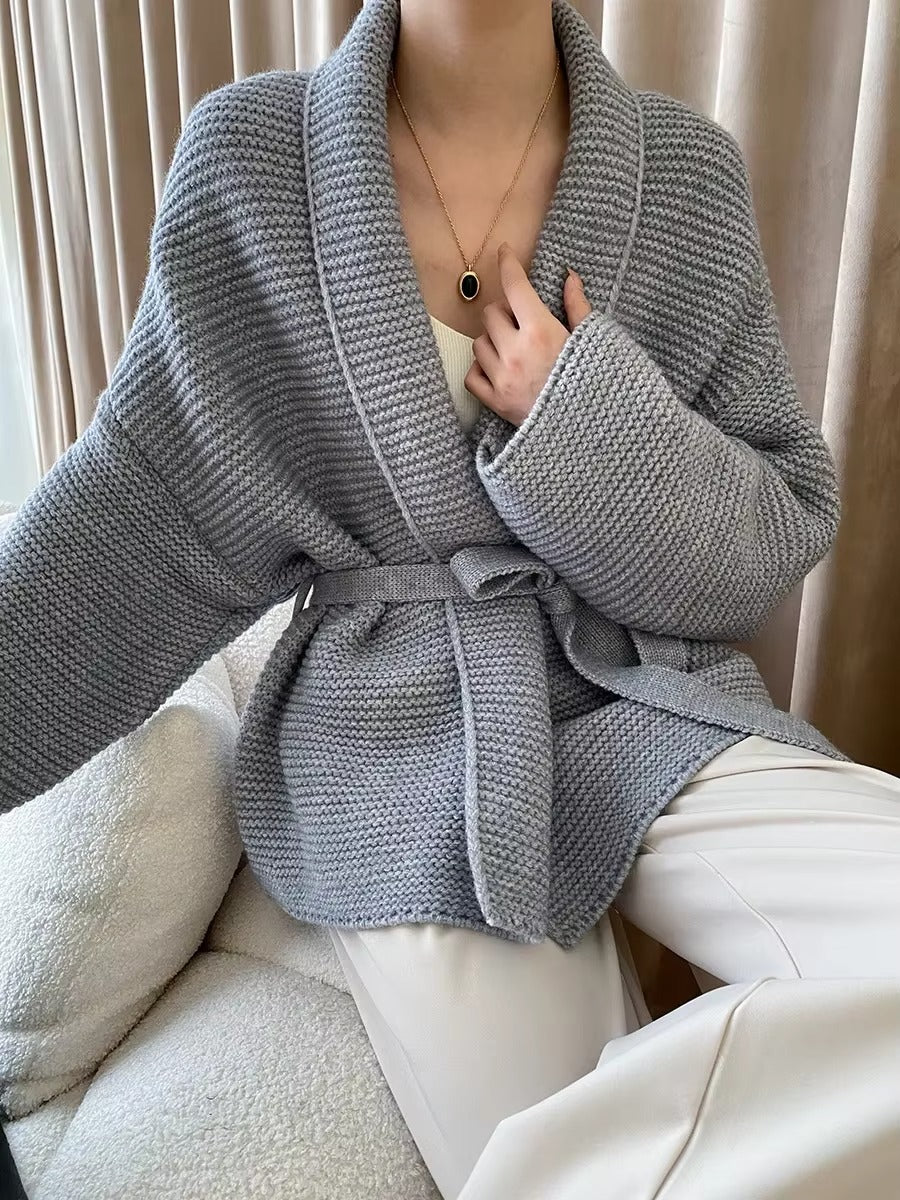 Belted Knit Cardigan with Shawl Collar for Women