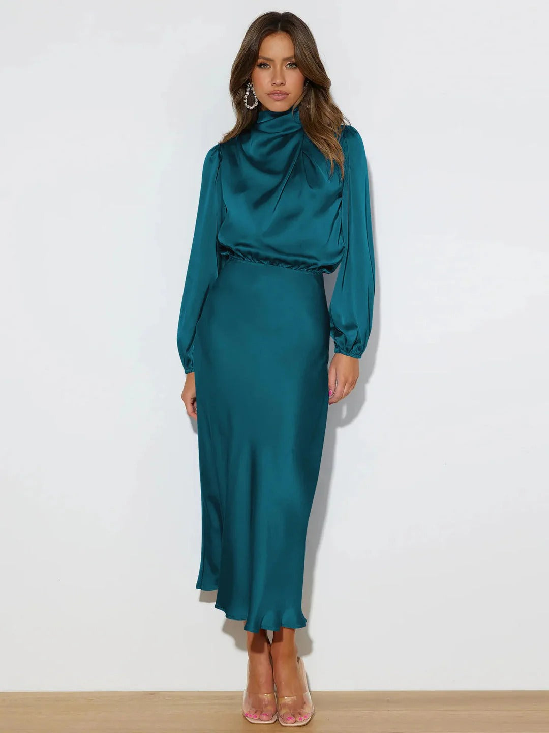 Satin Draped High Neck Long Sleeve Midi Dress for Women