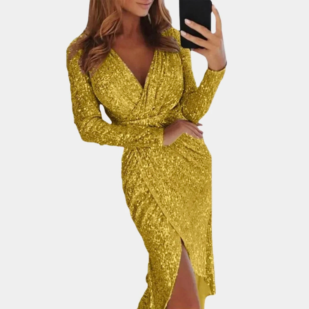 Sequin V-Neck Long Sleeve Ruched Wrap Midi Dress for Women