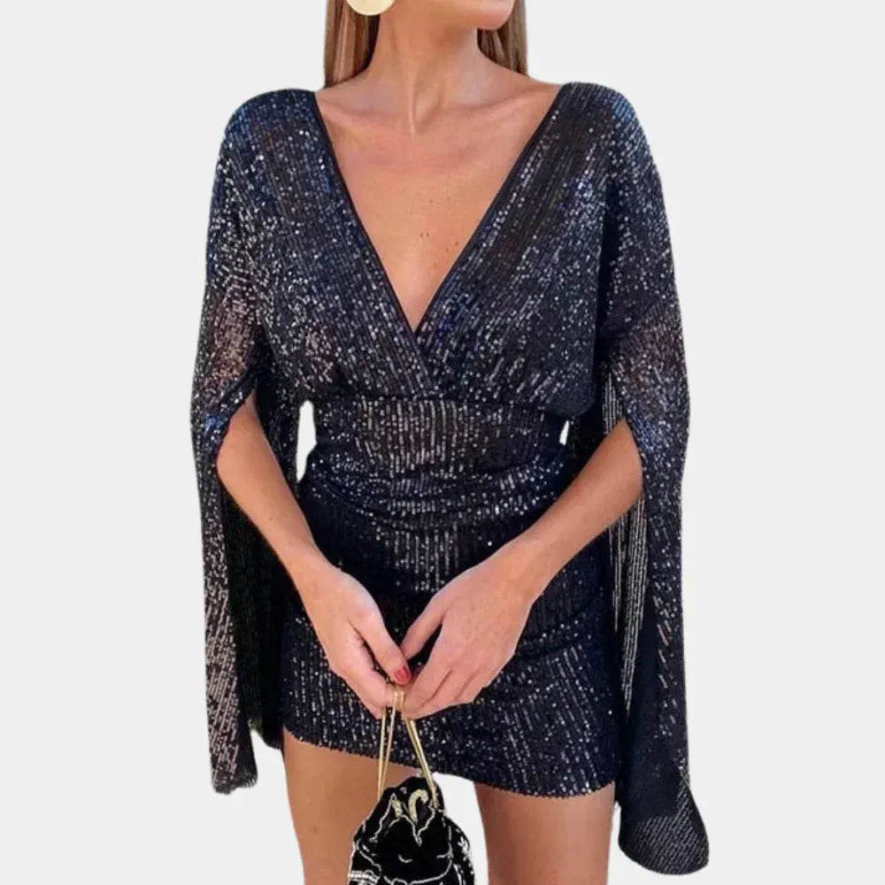 Sequin V Neck Cape Sleeve Mini Party Dress for Women
