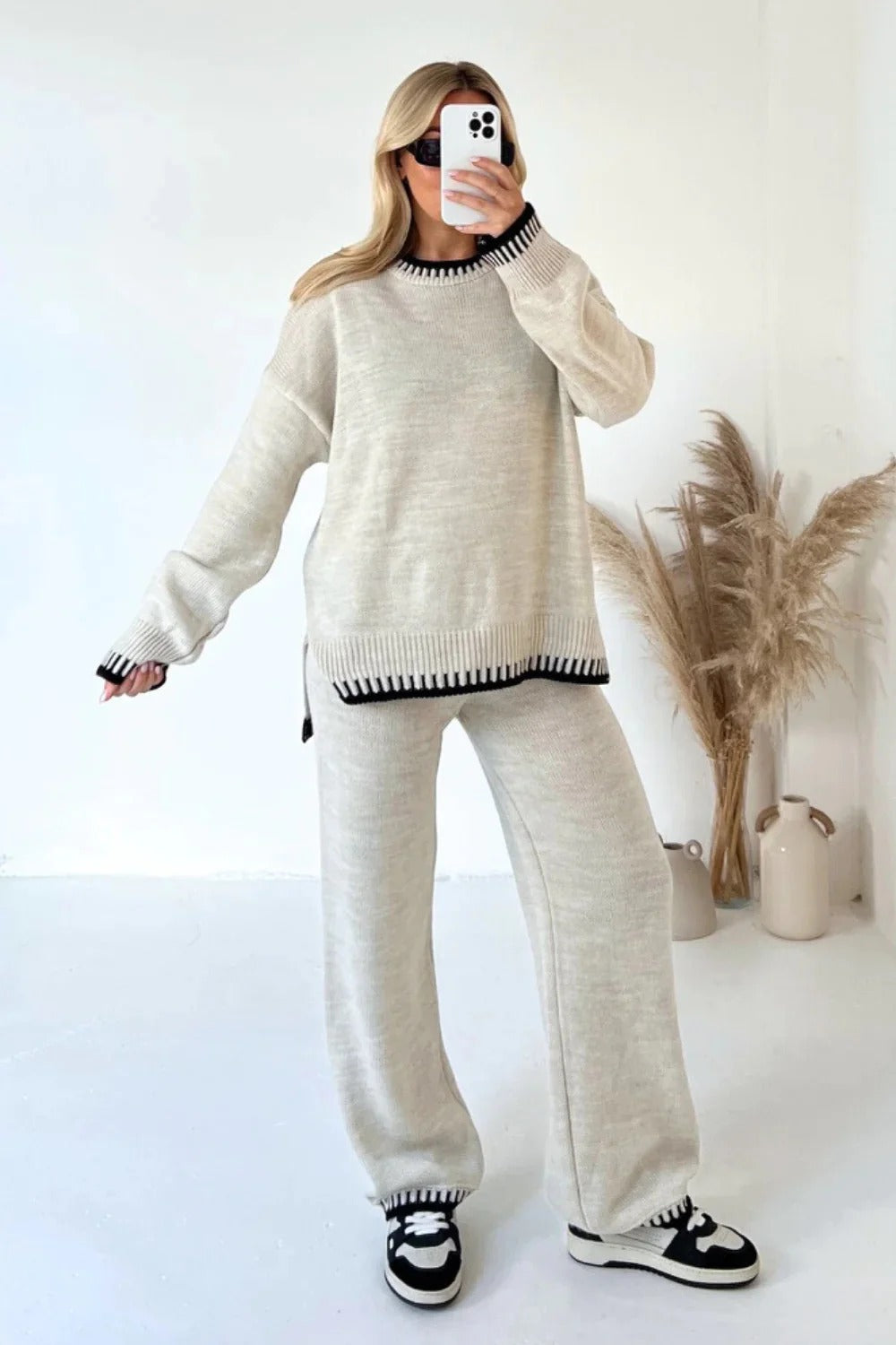 Round Neck Knitted Sweater and Wide Leg Pants Set for Women