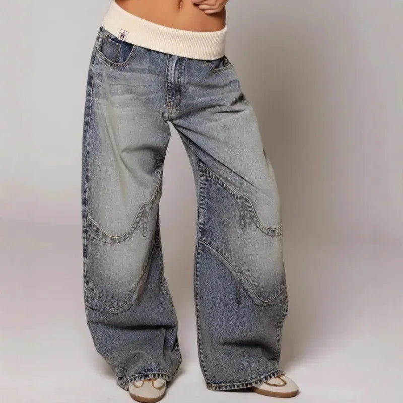 Waistband Baggy Wide Leg Jeans for Women