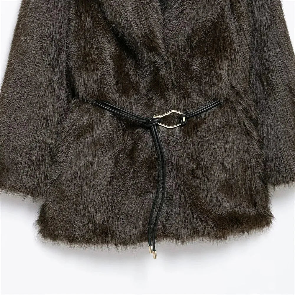 Belted Faux Fur Coat with Wide Lapels for Women