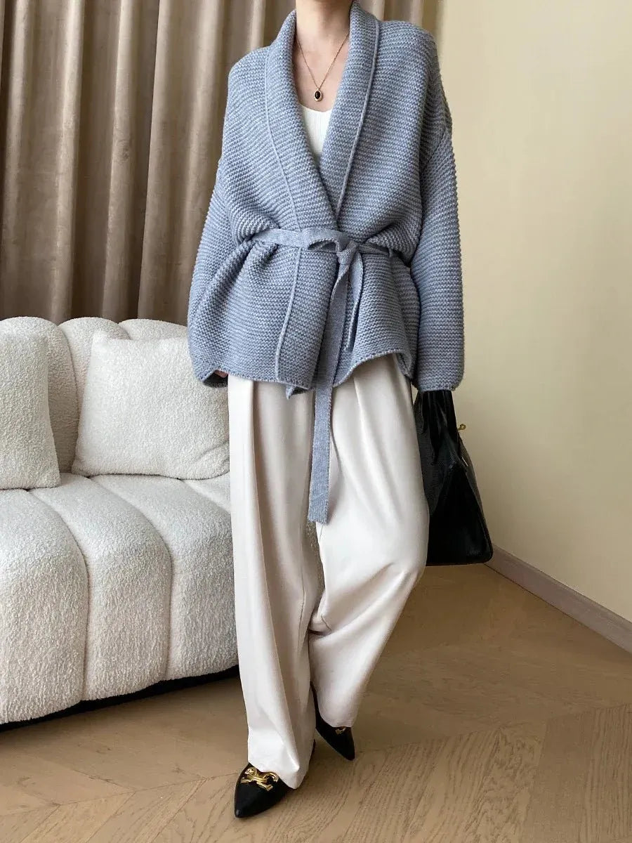 Belted Knit Cardigan with Shawl Collar for Women