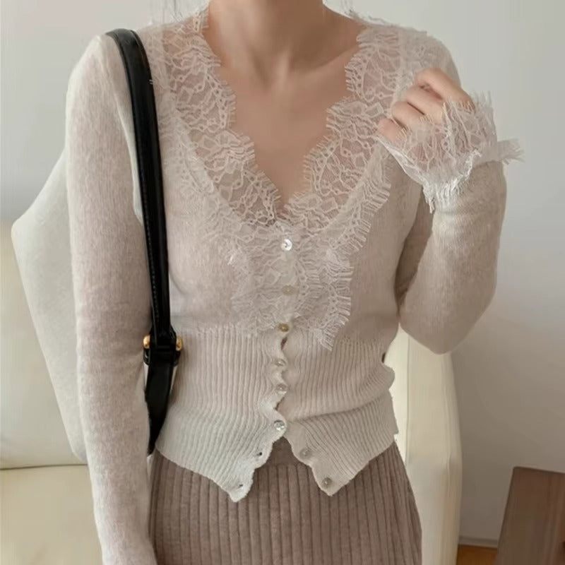 Lace Trim V-Neck Button-Up Cardigan for Women